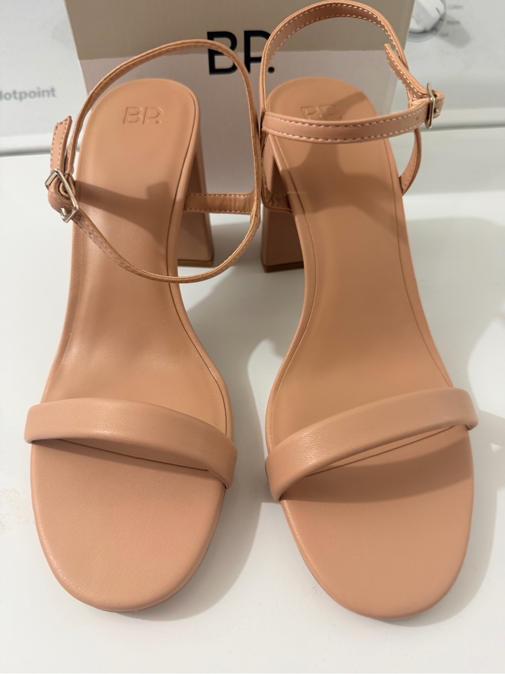 bp Peach/Tan Ankle-Strap Block Heel Sandals